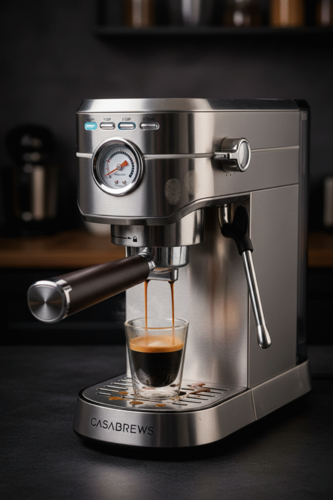 Best CASABREWS 20 Bar Espresso Machine: 2025 Review 1 CASABREWS 20 Bar Espresso Machine with pressure gauge and steam wand in modern kitchen