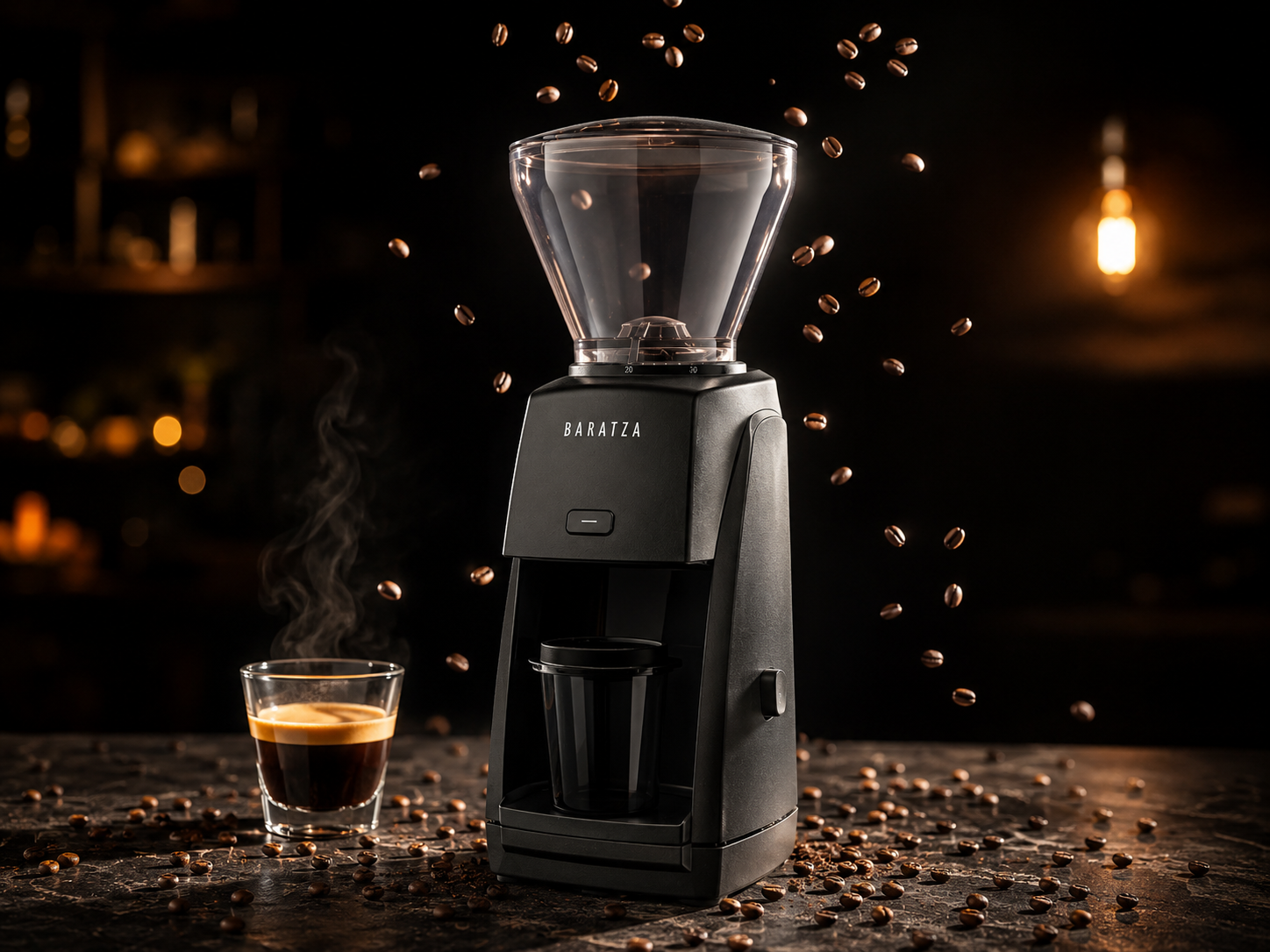 Best Home Espresso Machine Under $500 (2026): The Setup Dilemma Solved 6 Baratza Encore ESP coffee grinder in a hero editorial scene with cascading coffee beans and an espresso shot