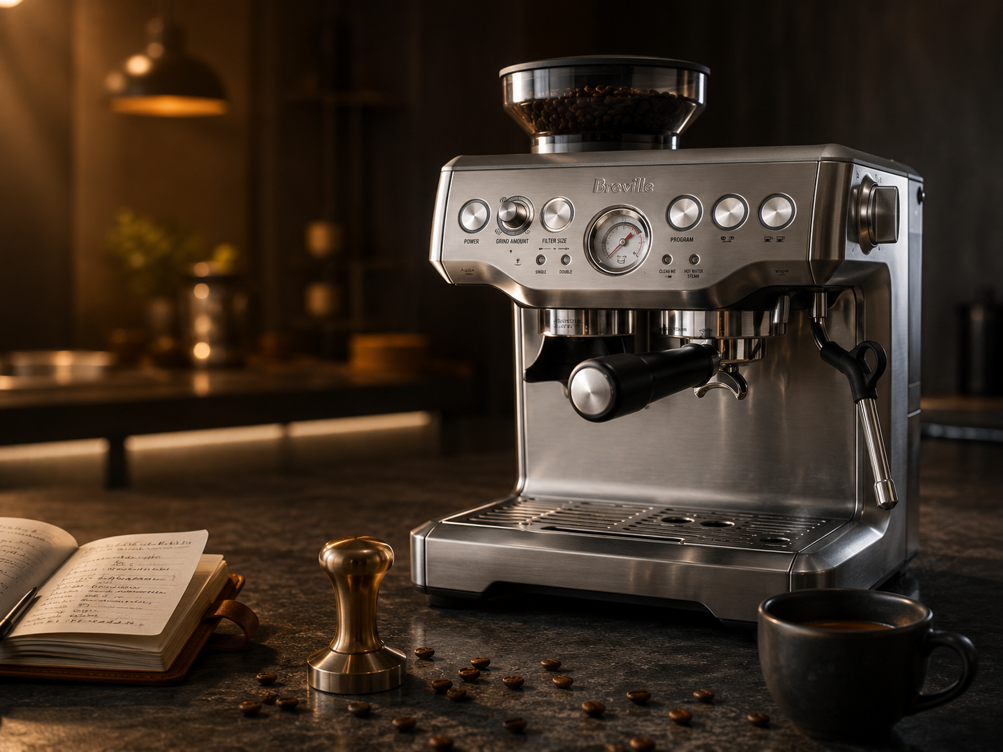 Best Home Espresso Machine Under $500 (2026): The Setup Dilemma Solved 7 Breville Barista Express all-in-one espresso machine on a dark slate kitchen island in a sophisticated home setting