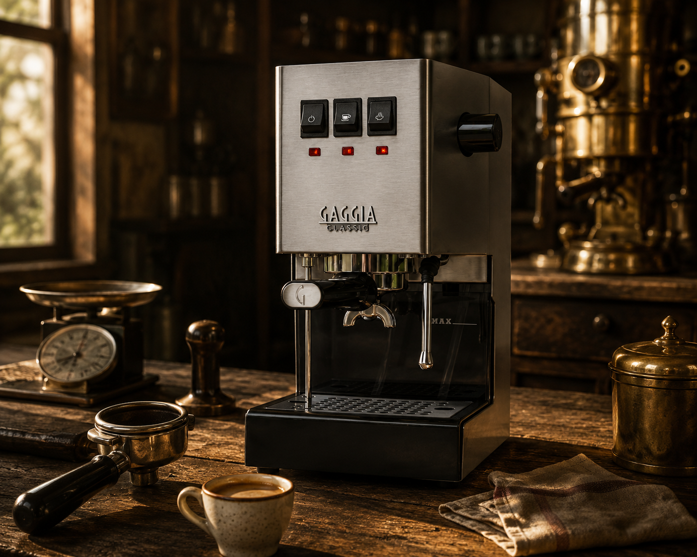 Best Home Espresso Machine Under $500 (2026): The Setup Dilemma Solved 8 Gaggia Classic Pro E24 stainless steel espresso machine in a vintage editorial setting with brass and walnut accents