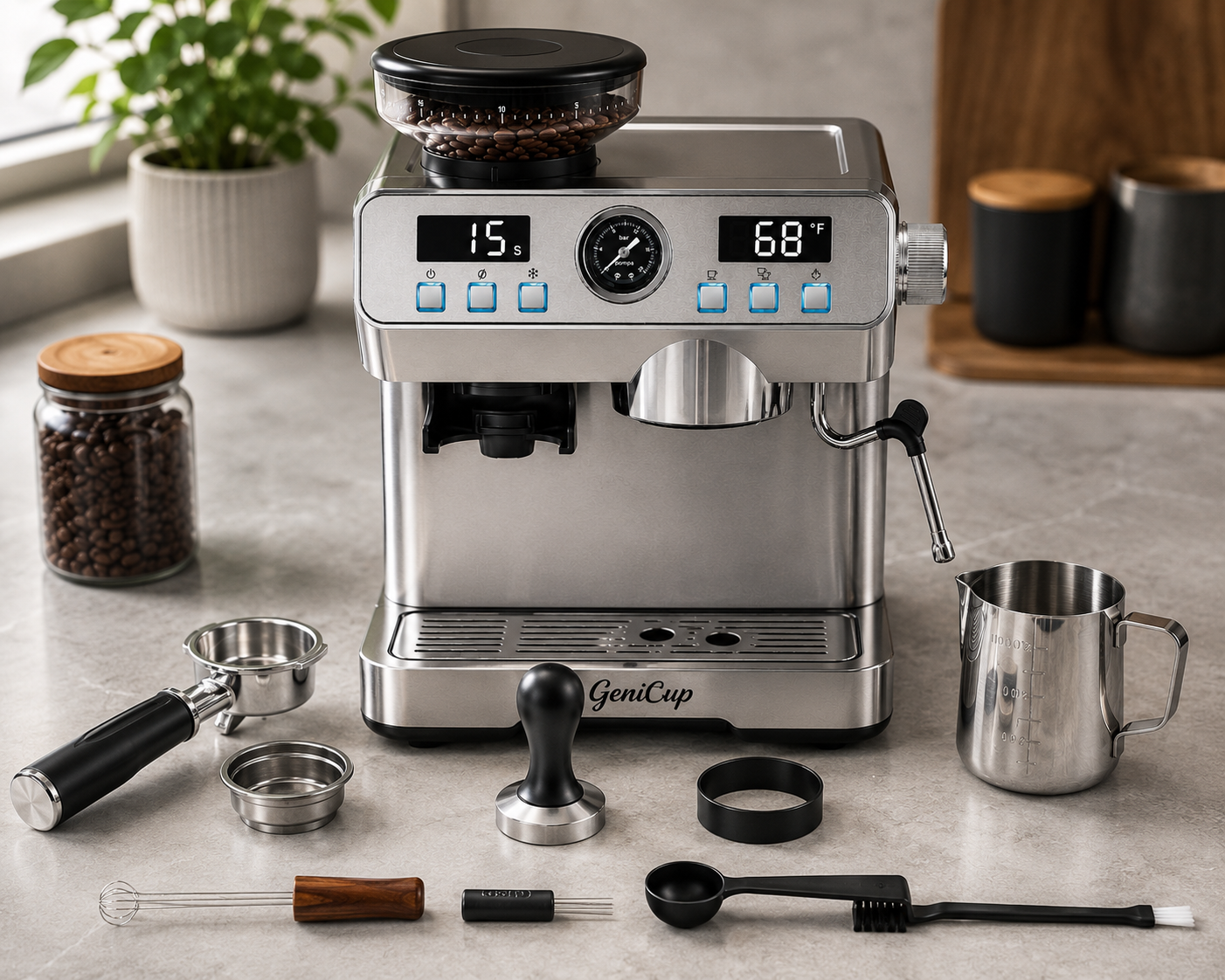 Best Espresso Machines with Grinder 2026: Top 4 All-in-One Picks 9 GeniCup all-in-one espresso machine accessories set