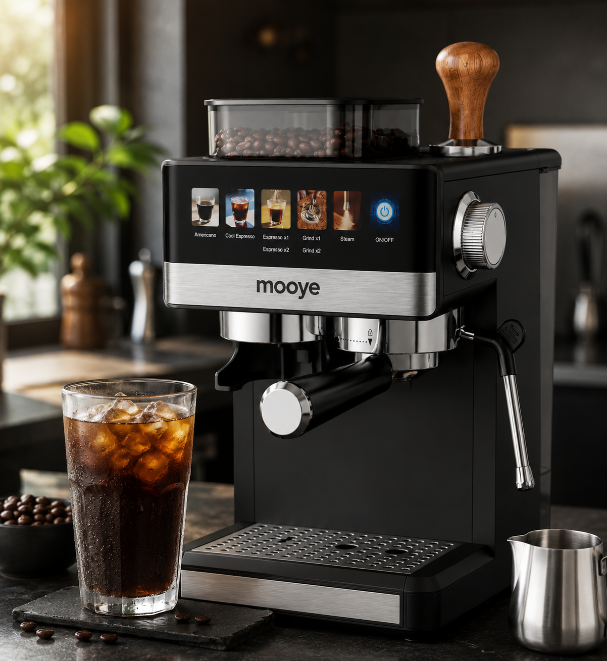 Best Espresso Machines with Grinder 2026: Top 4 All-in-One Picks 12 Mooye espresso machine preparing iced coffee and cold brew drink
