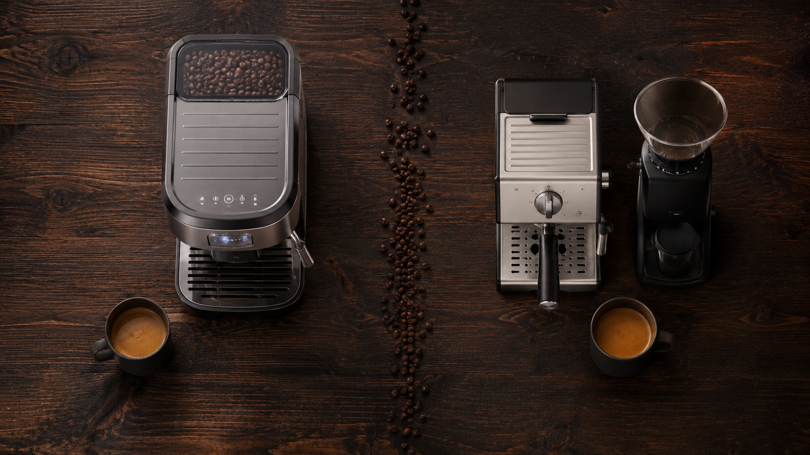 Best Home Espresso Machine Under $500 (2026): The Setup Dilemma Solved 4 Editorial flat-lay showing the two paths a beginner faces — an all-in-one espresso machine versus a separate machine paired with a dedicated grinder