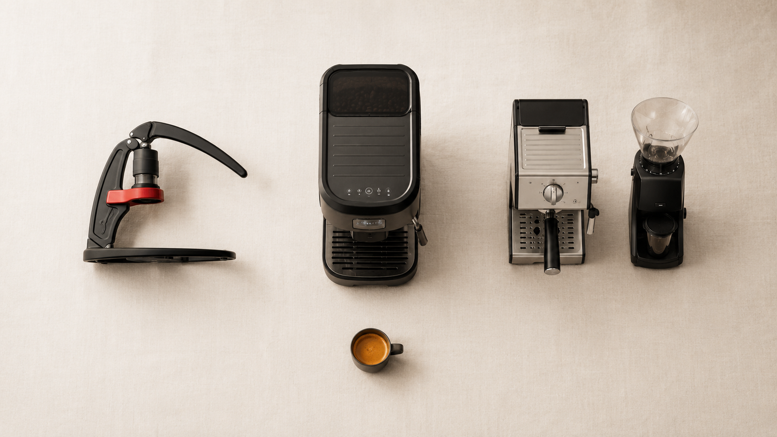 Best Home Espresso Machine Under $500 (2026): The Setup Dilemma Solved 13 Editorial flat-lay showing three espresso paths — manual lever, all-in-one, and separate machine plus grinder — to help readers match their use case