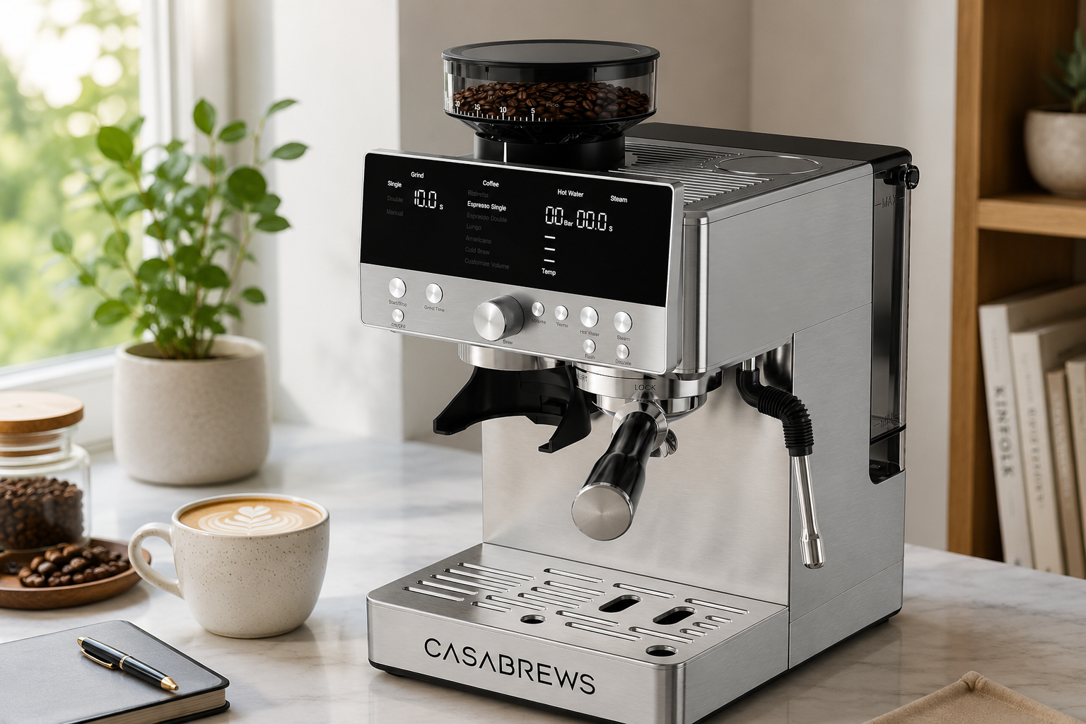 Best Casabrews Espresso Machines 2026: Ultra, PRO, MARENZA & CM5418 Compared 5 Casabrews MARENZA espresso machine with built-in grinder in a small kitchen