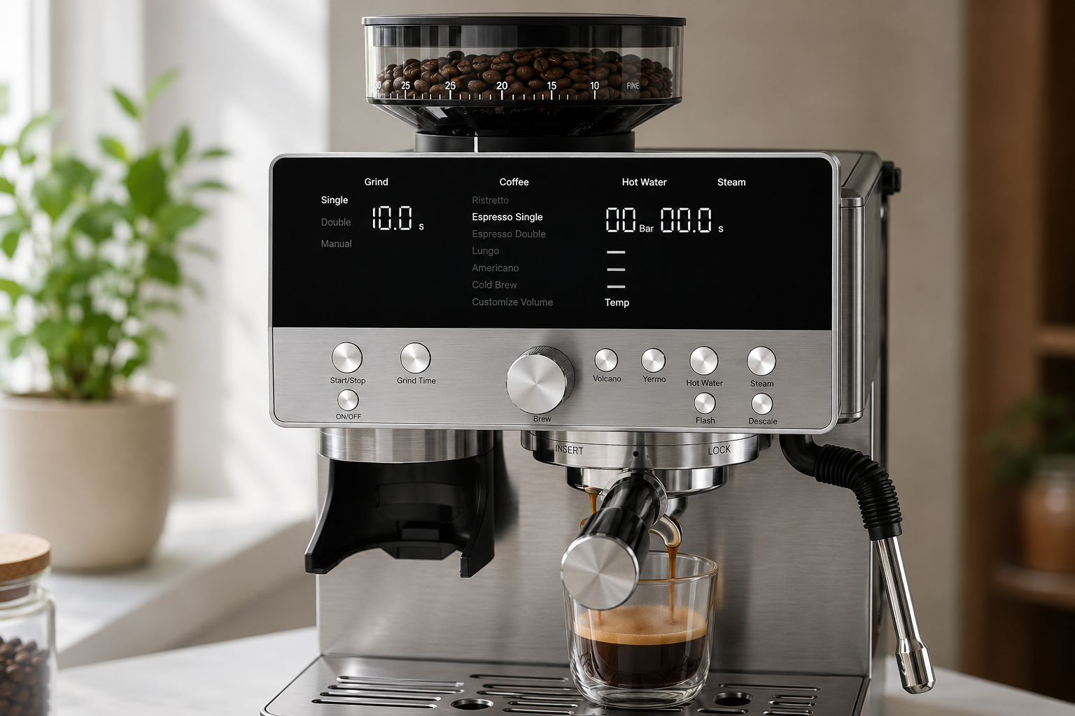 Best Casabrews Espresso Machines 2026: Ultra, PRO, MARENZA & CM5418 Compared 6 Casabrews MARENZA built-in grinder and portafilter close-up
