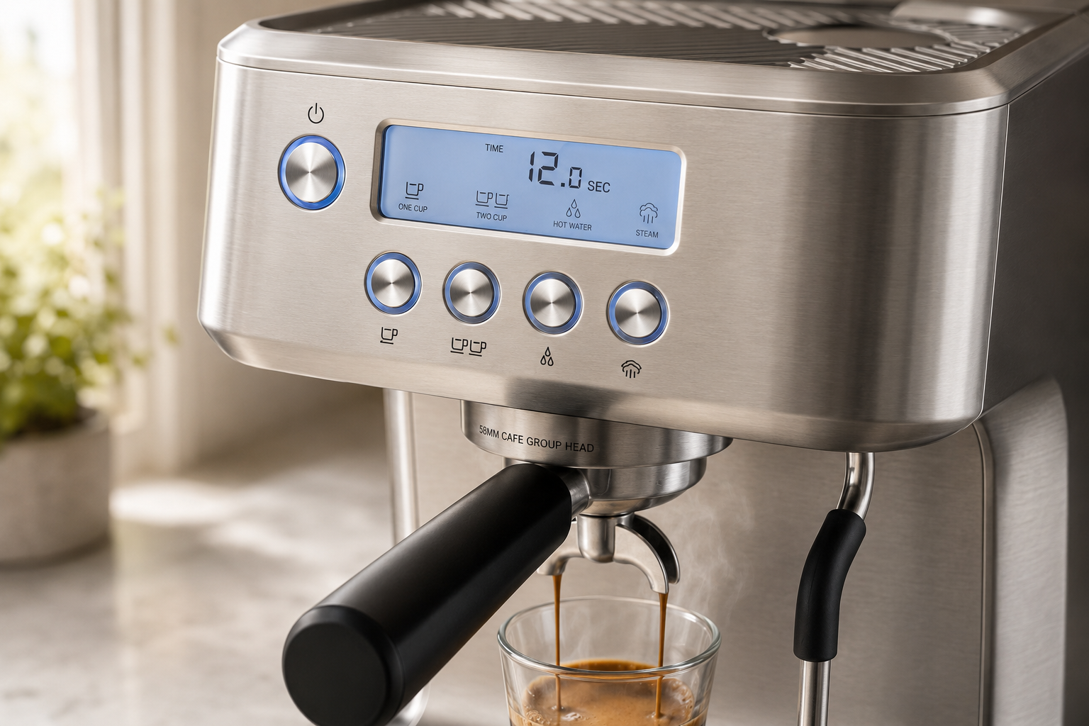 Best Casabrews Espresso Machines 2026: Ultra, PRO, MARENZA & CM5418 Compared 4 Close-up of Casabrews Ultra LCD display and espresso brewing controls