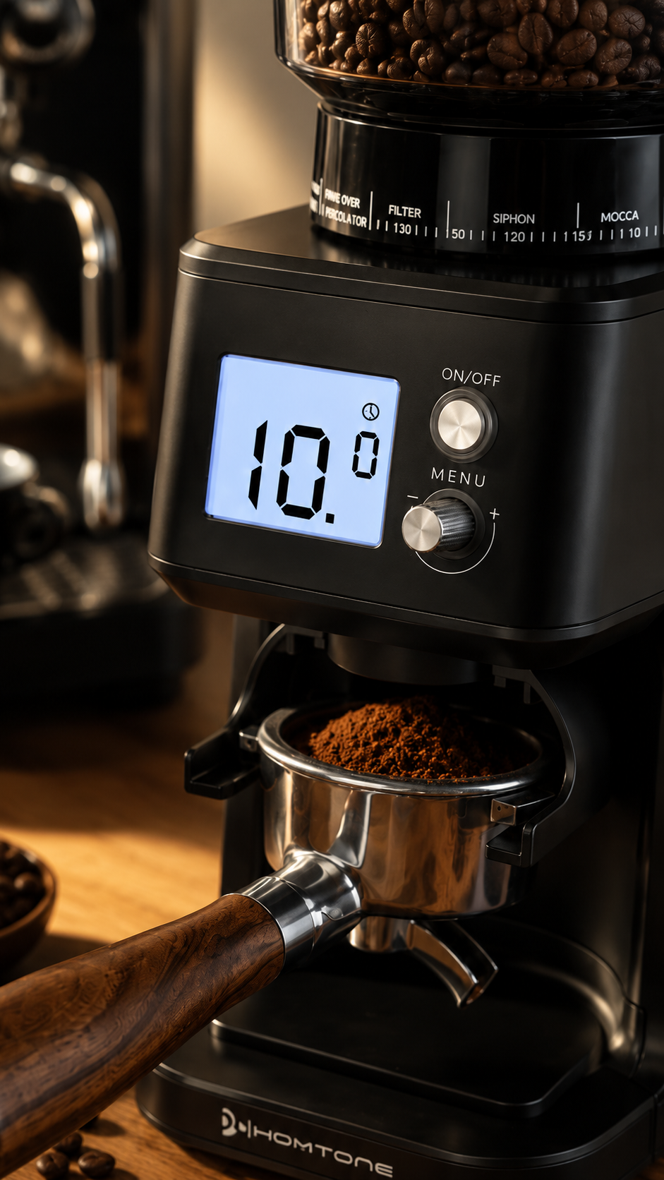 Homtone Espresso Grinder: Best 51-Setting Pick 2 Homtone Espresso Grinder portafilter dosing workflow