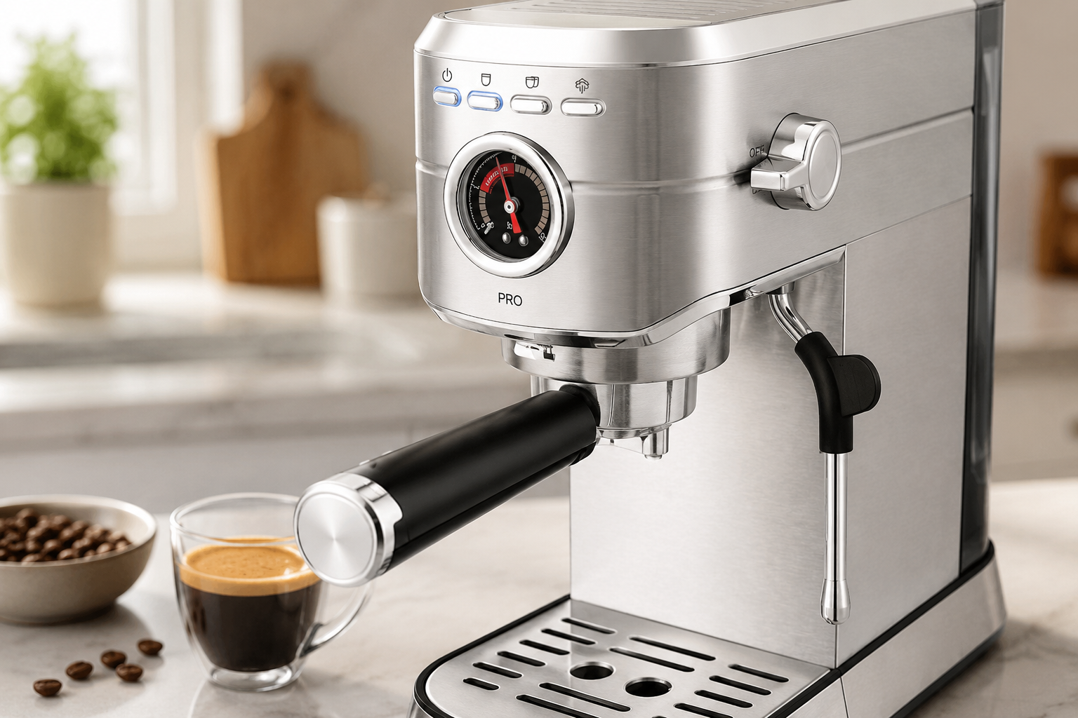CASABREWS 5418 PRO vs HIBREW vs Gevi: Best Beginner Espresso Machine? 3 CASABREWS 5418 PRO close up product image with pressure gauge and portafilter