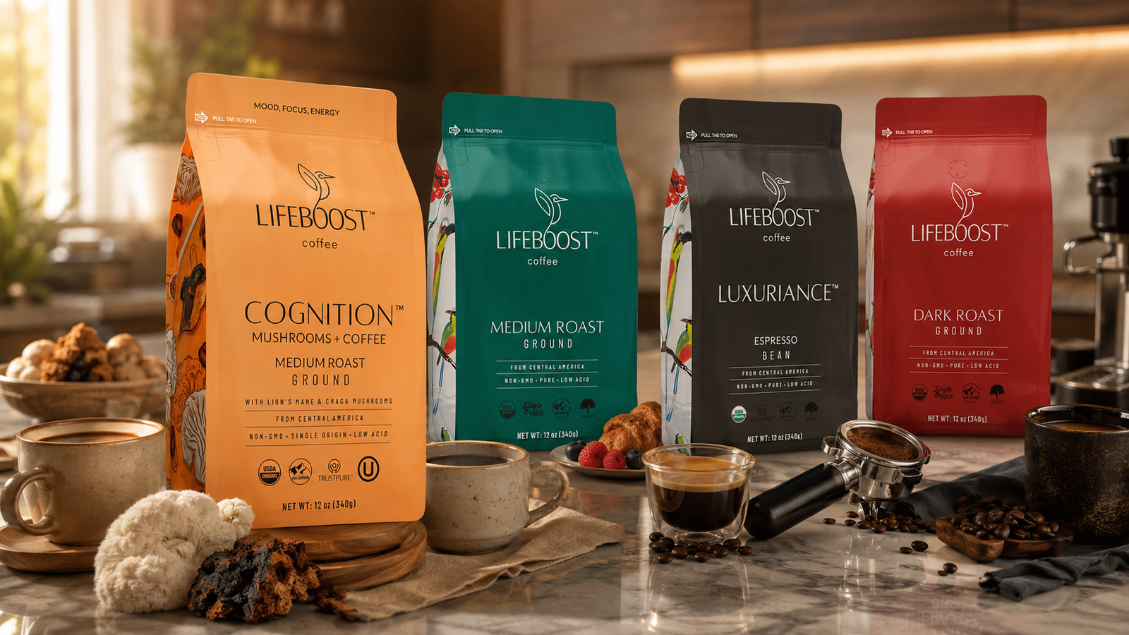 Lifeboost Coffee Review: 4 Best Low Acid Picks for 2026 8 Lifeboost Coffee comparison between Cognition Focus, Medium Roast, Espresso Whole Bean, and Dark Roast Ground