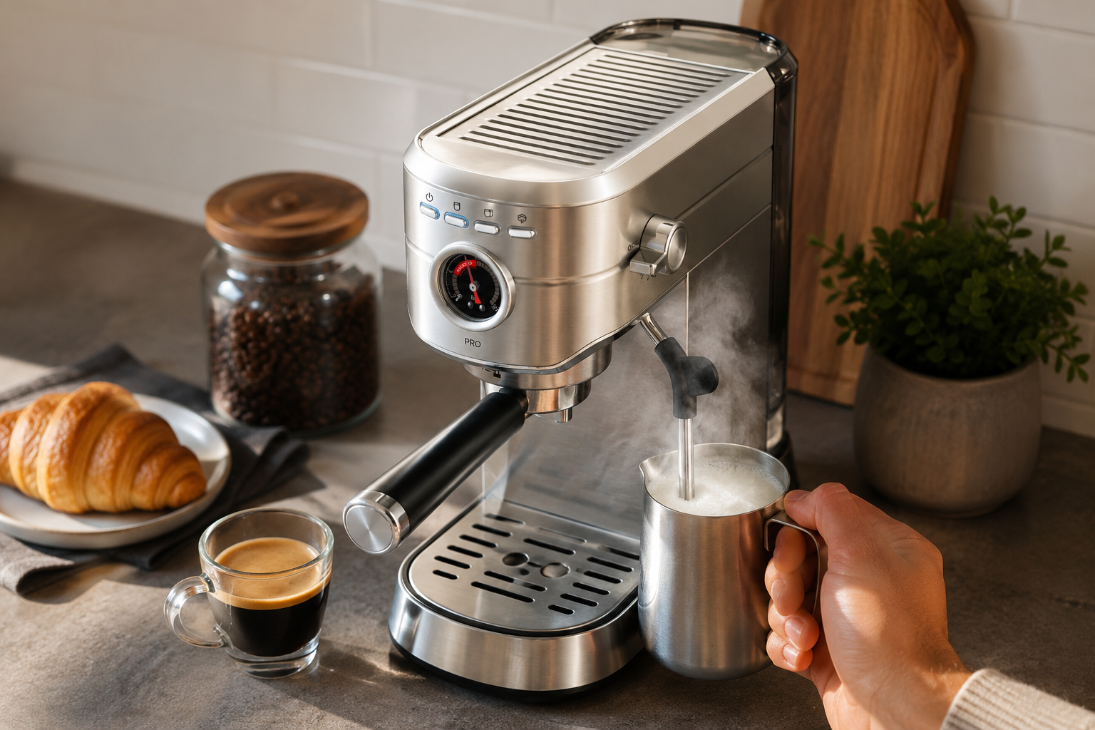 CASABREWS 5418 PRO vs HIBREW vs Gevi: Best Beginner Espresso Machine? 4 CASABREWS 5418 PRO steaming milk for latte and cappuccino