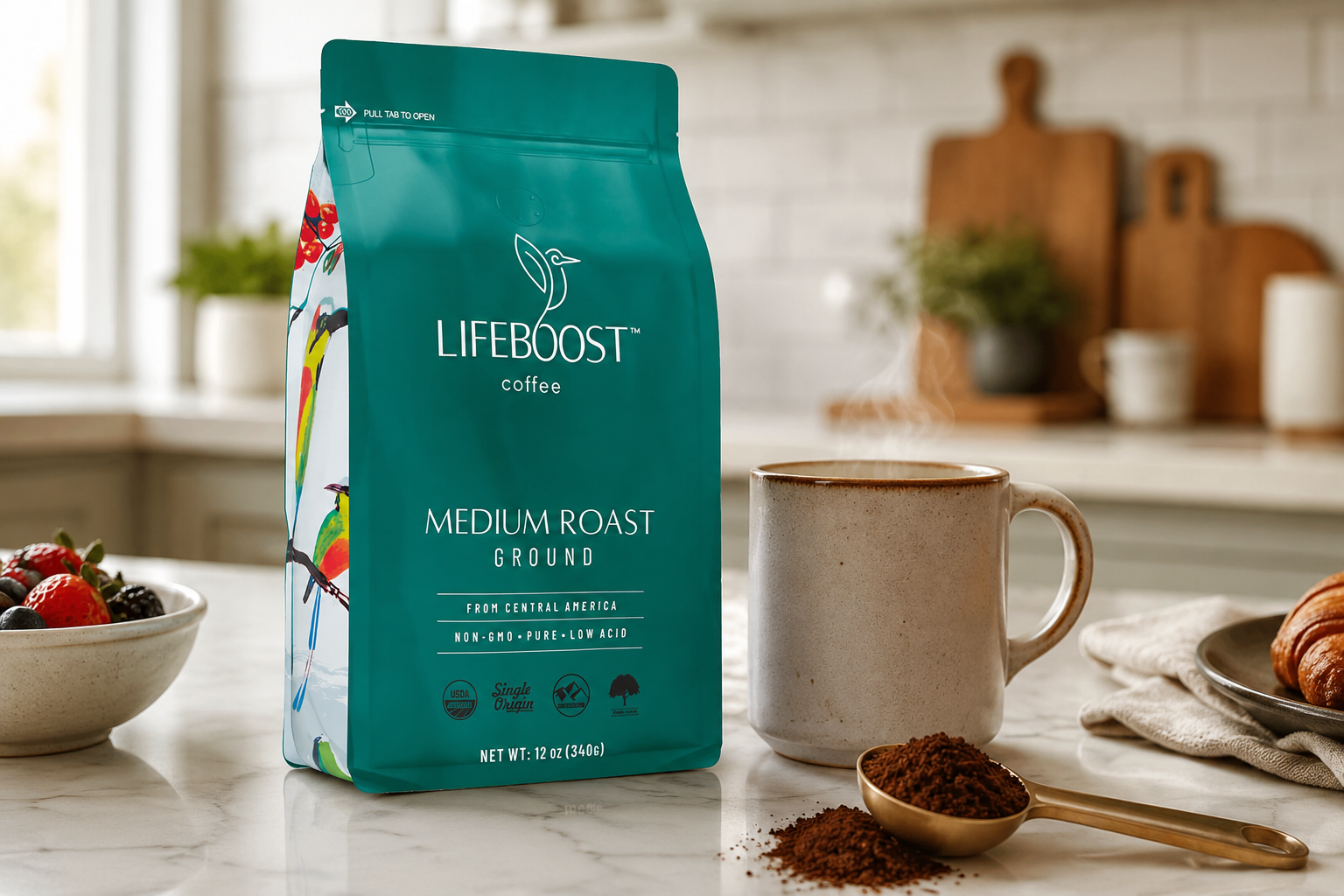 Lifeboost Coffee Review: 4 Best Low Acid Picks for 2026 3 Morning coffee setup with Lifeboost Medium Roast Ground Coffee