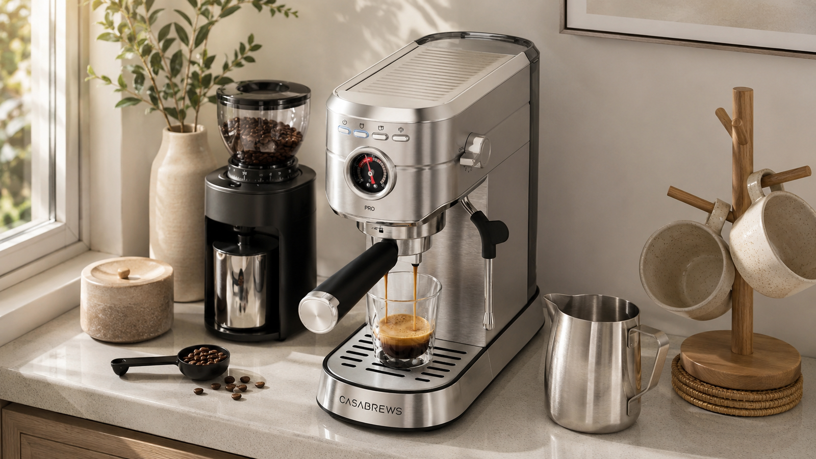 CASABREWS 5418 PRO vs HIBREW vs Gevi: Best Beginner Espresso Machine? 5 CASABREWS 5418 PRO small kitchen espresso setup with grinder and milk pitcher